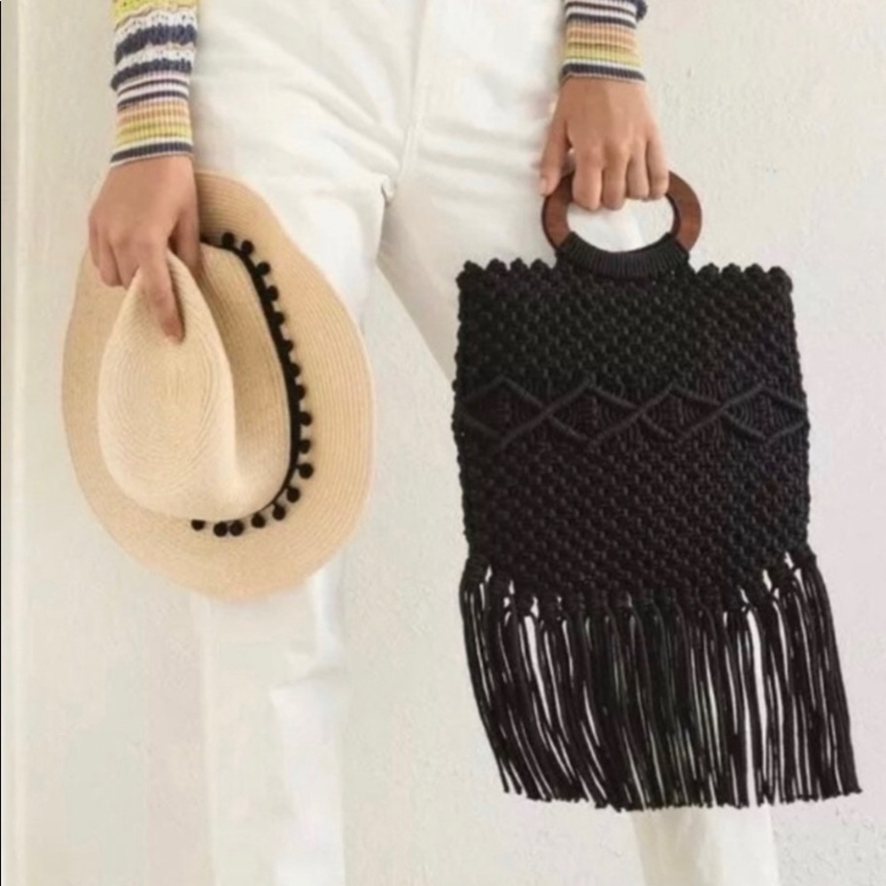 Black Bohemian Purse with Wood Handle - Picture 3 of 5